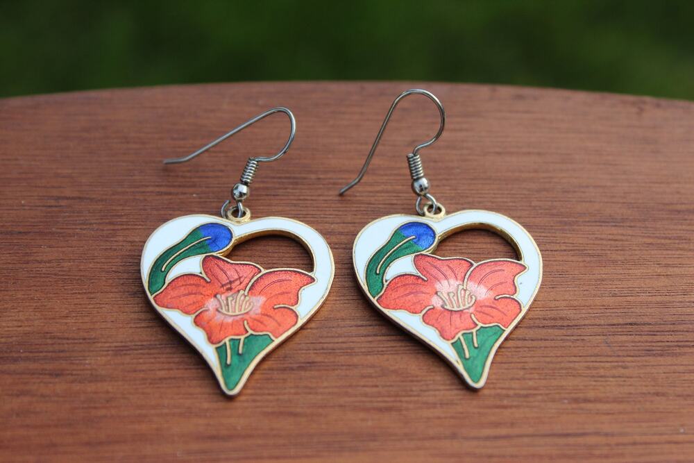 Vintage Gold Floral Enamel Drop Earrings